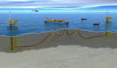 Ilustração do sistema de exploração de petróleo e gás da Equinor em águas profundas no campo de Peregrino, na bacia de Campos/RJ. Imagem: Equinor.